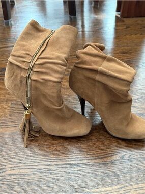 Michael Kors Camel Suede Slouch Ankle Boots with Tassel Zip